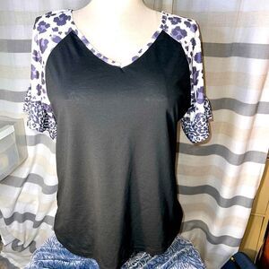 Miss Look v neck T-shirt with contrast animal print ruffle sleeve size 3xl
